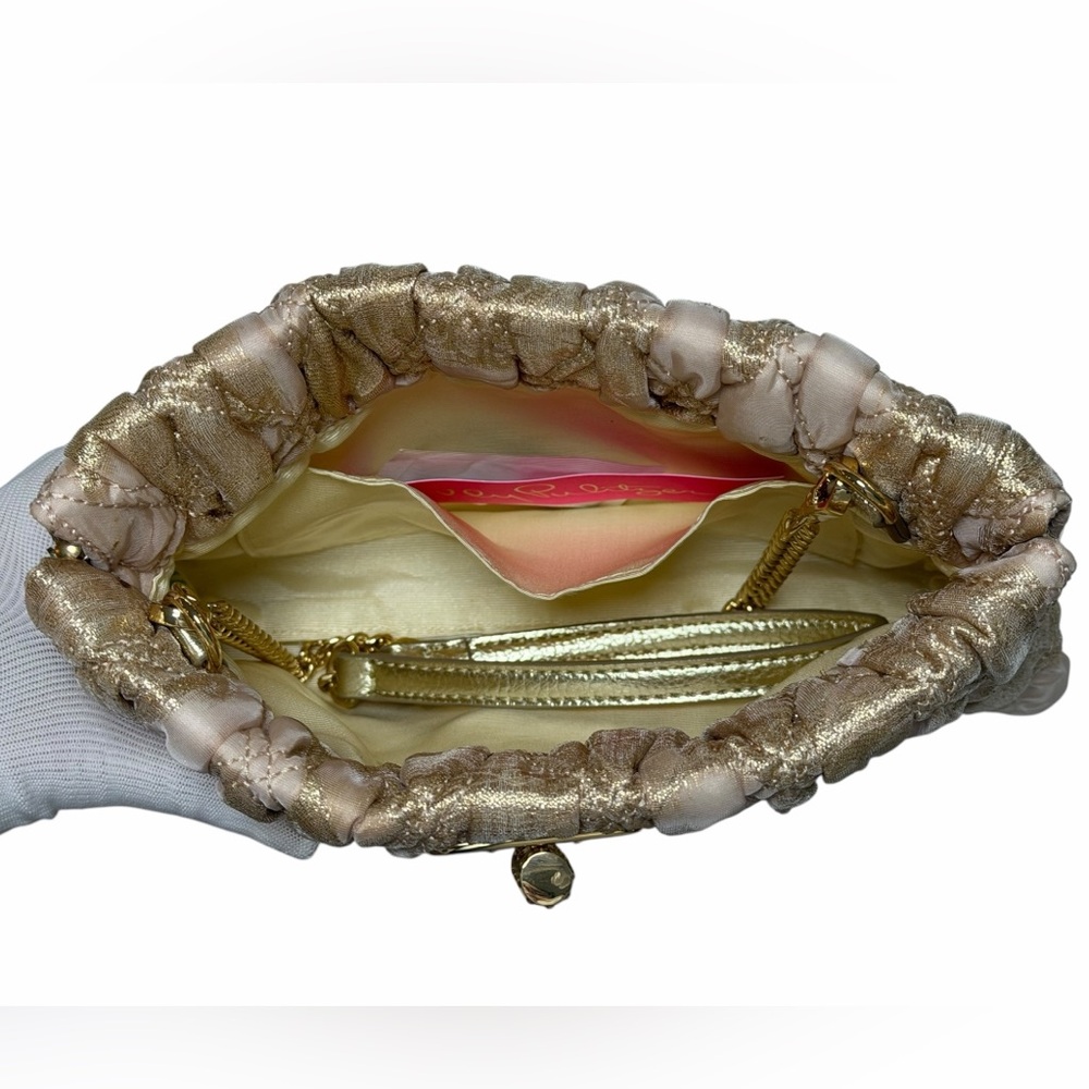Lilly Pulitzer Gold Organza Quilted Chancey Clutch w/ Turn-Lock Closure & Chain - Picture 8 of 16